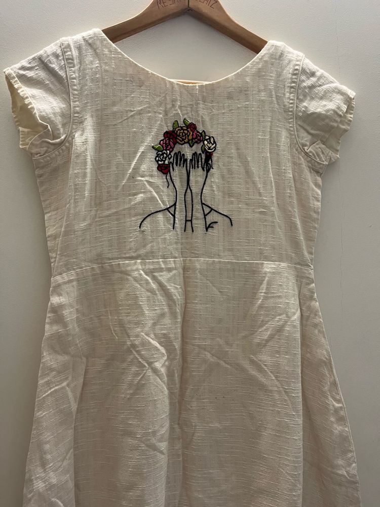 Embroidered Cream Linen Dress
