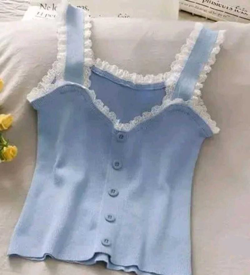 Cute Blue Lace Trim Knit Tank Top