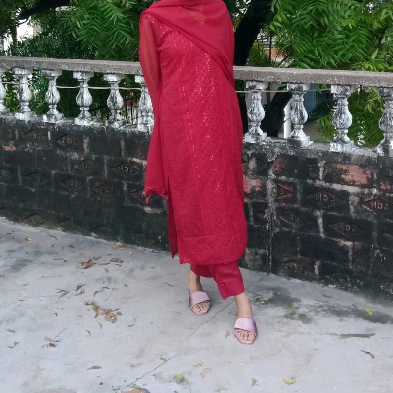 Maroon stitched dress material