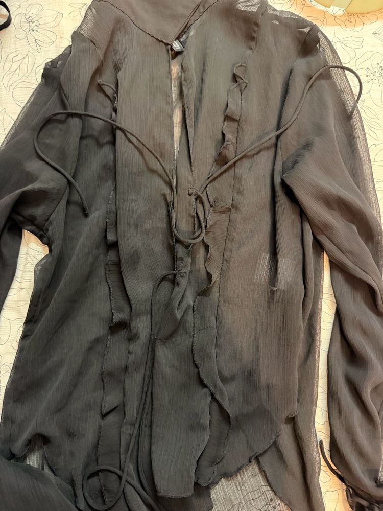 Sheer Black Ruffle Tie-Up Top