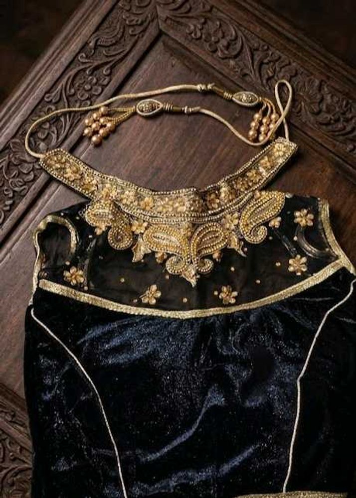 Elegant Black Velvet Blouse with Gold Embellishmen
