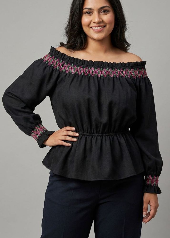 Boho Off-Shoulder Embroidered Peplum Top