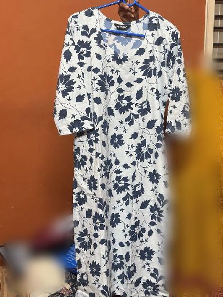 White Kurta with Navy Blue Floral Print