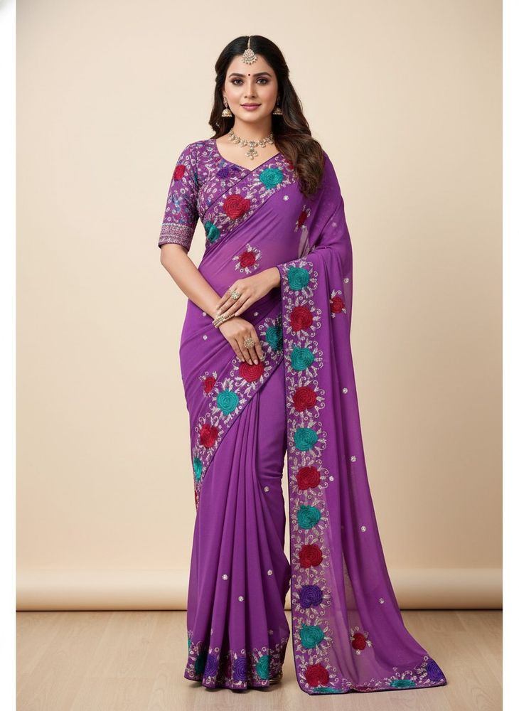 Beautiful Lavender Saree with Floral Embroidery