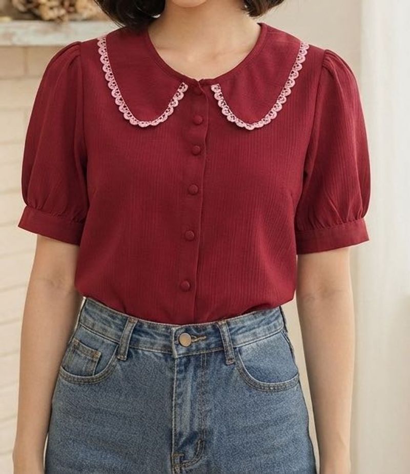 Chic Red Lace Collar Puff Sleeve Top