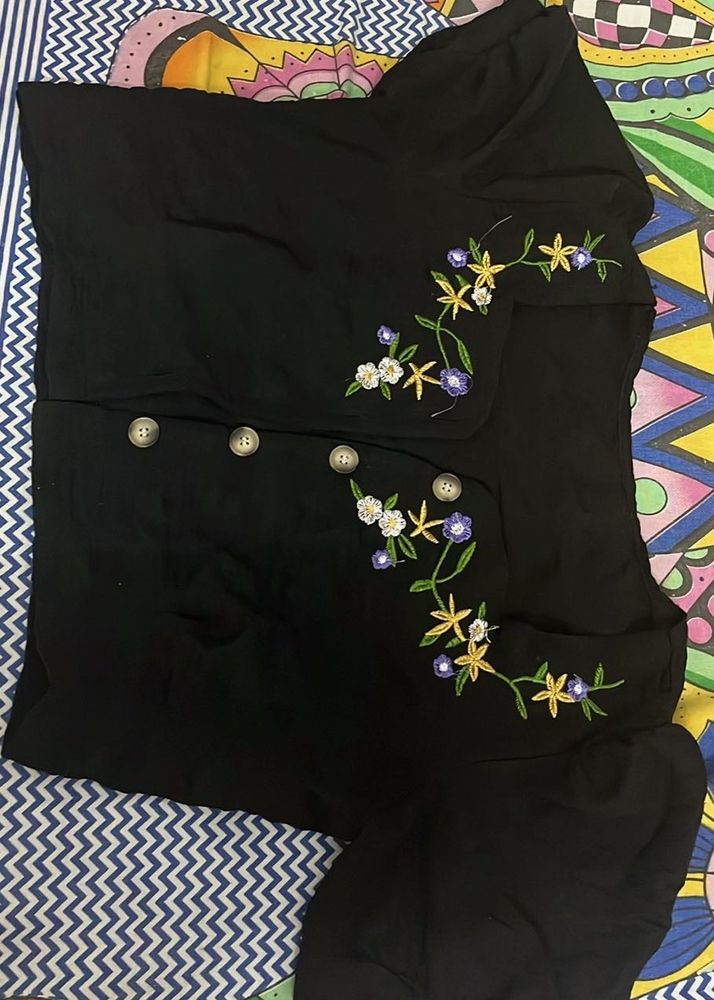 Black Embroidered Crop Top