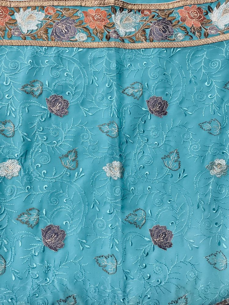 Blue Saree With Full Work Embriodery.