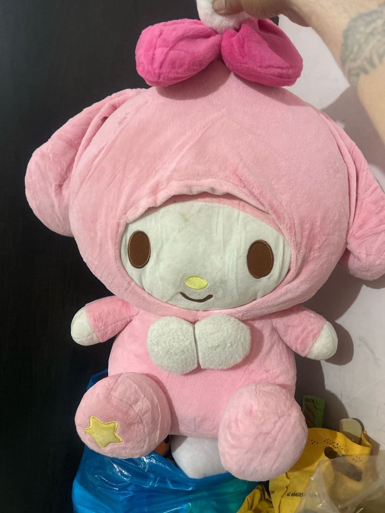 Sanrio My Melody plush toy wearing a pink hooded