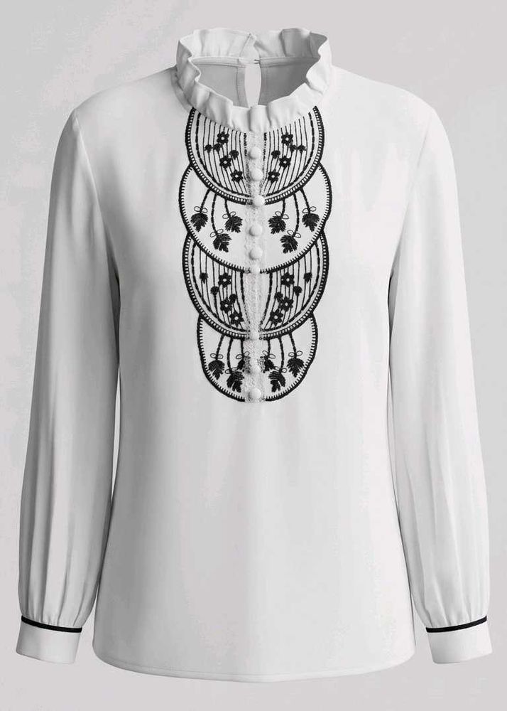 Elegant White Ruffle Neck Embroidered Blouse