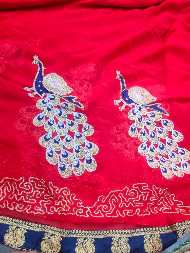 Unused Red Embroidered Saree With Attached Blouse