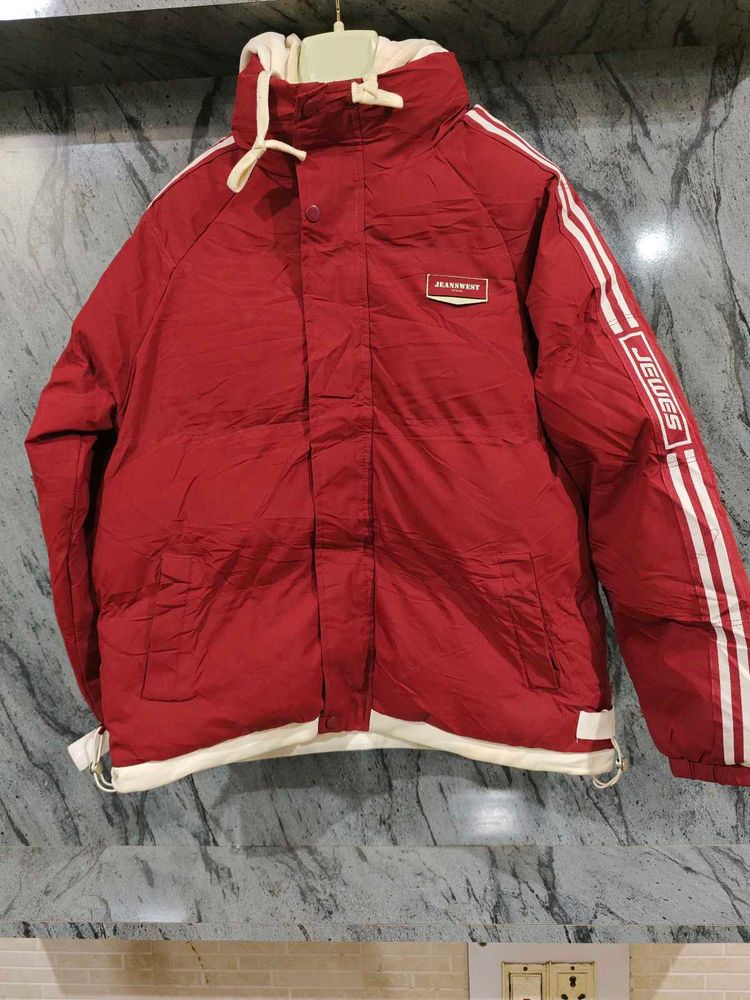 Red Padded Jacket with White Stripes