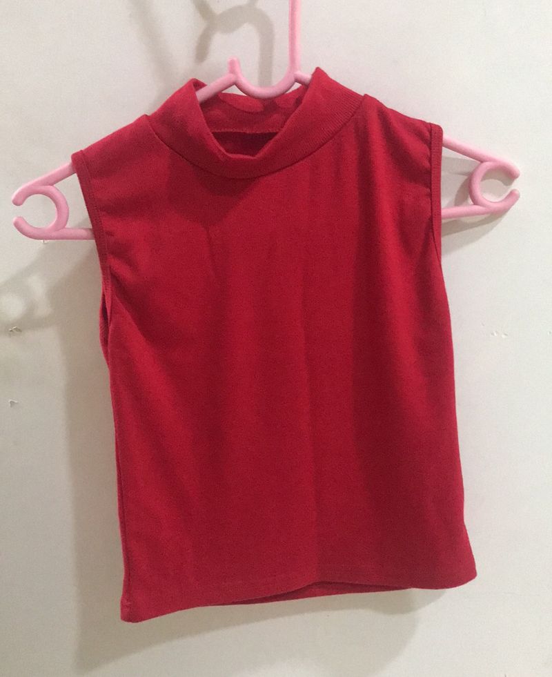 Red Sleeveless Closed Neck Top