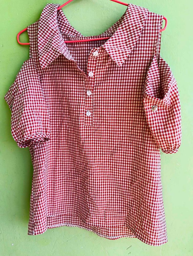 Red Gingham Cold Shoulder Top