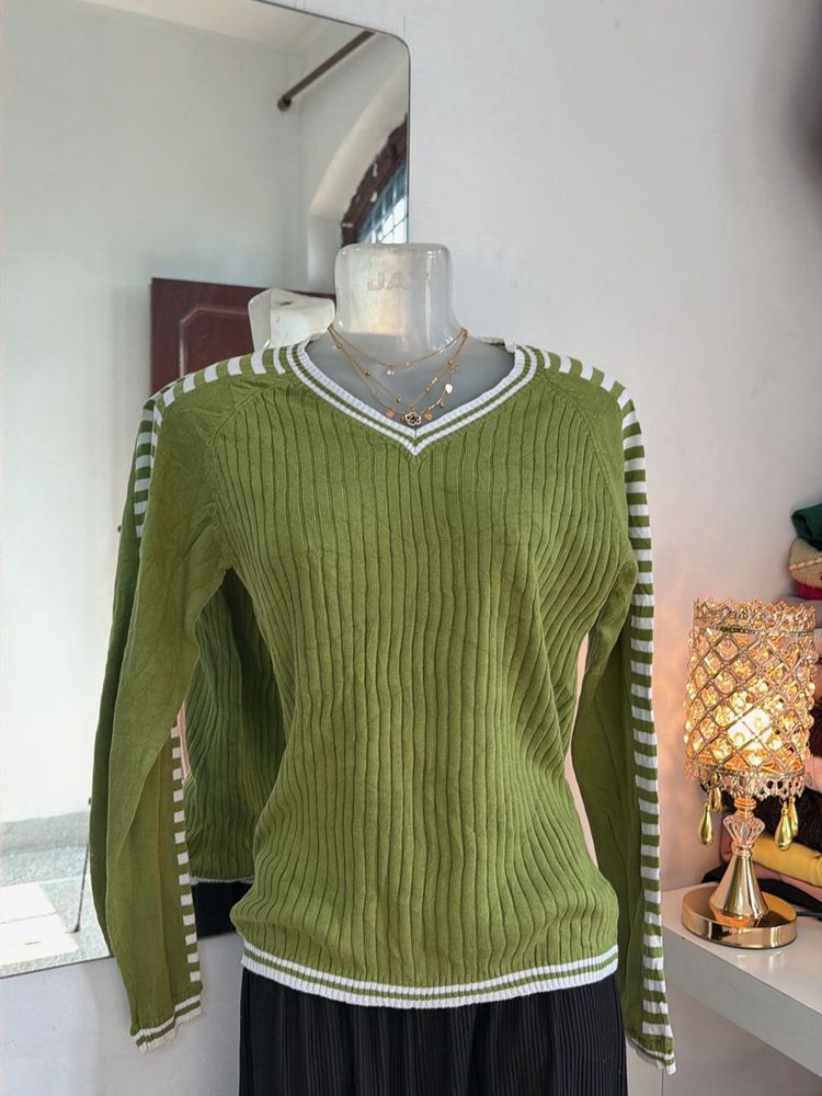 Green Ribbed V-Neck Sweater
