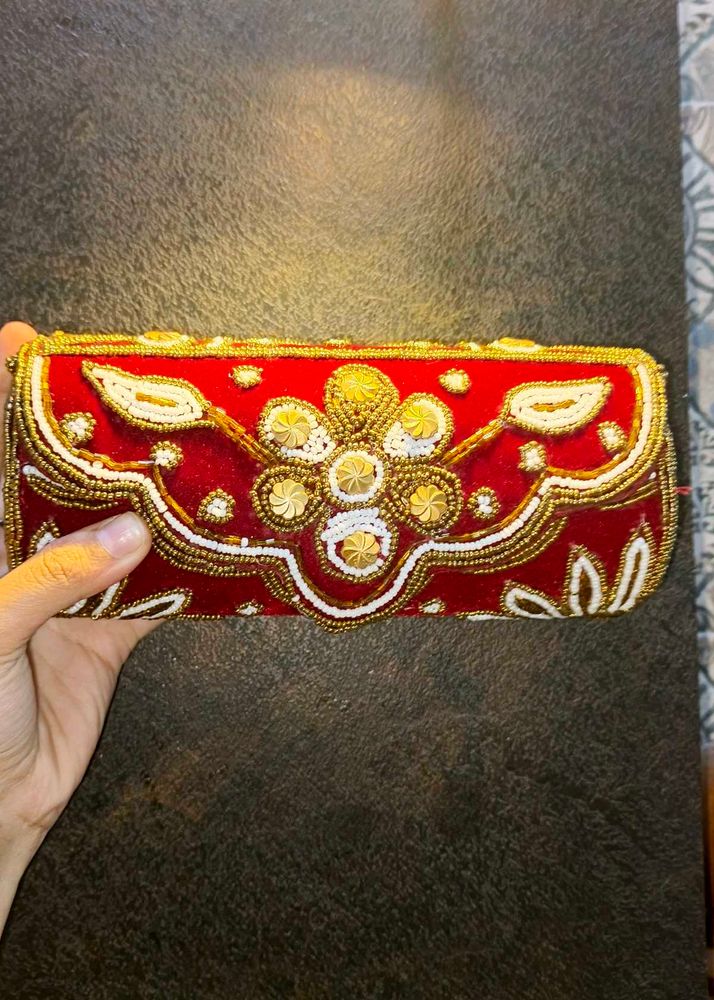 Embroidered Red Velvet Clutch