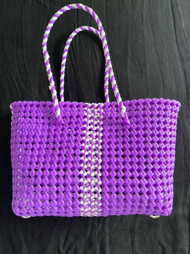Vibrant Purple And White Handmade Woven Bag