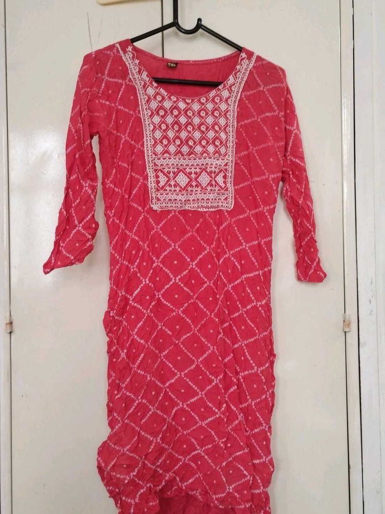 Pink Bandhani Kurti with White Embroidery