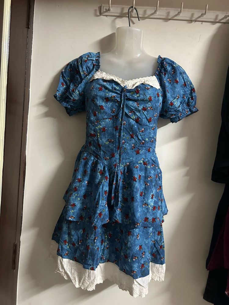 Blue Floral Print Ruffled Dress