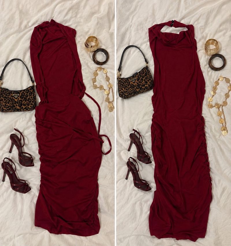 Chic Ruched Burgundy Halter Dress (knee length, ba