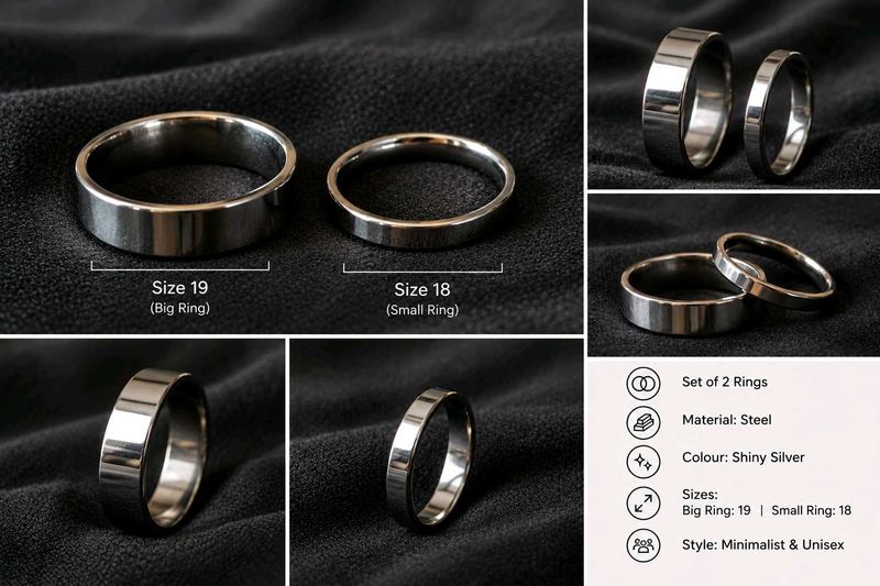 Set of 2 Shiny Silver Steel Rings | Size 18–19
