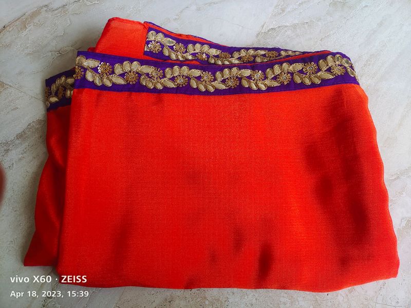 Pretty Fanta Orange Saree With Contrast Border