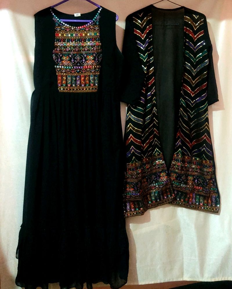 Black Party Wear Kurta With Long Shrug🖤