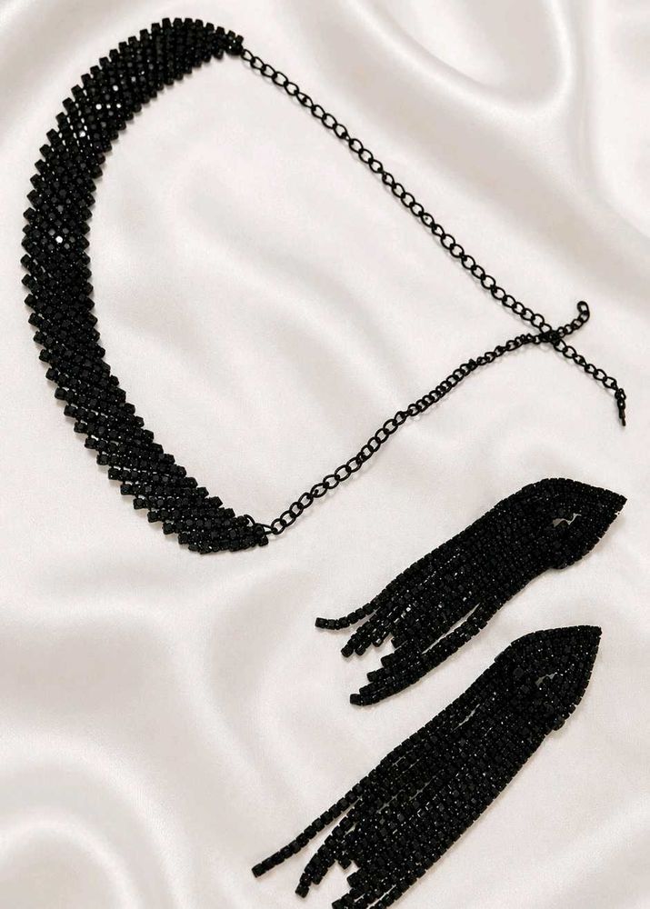 Sparkling Black Rhinestone Choker &amp; Earrings Set