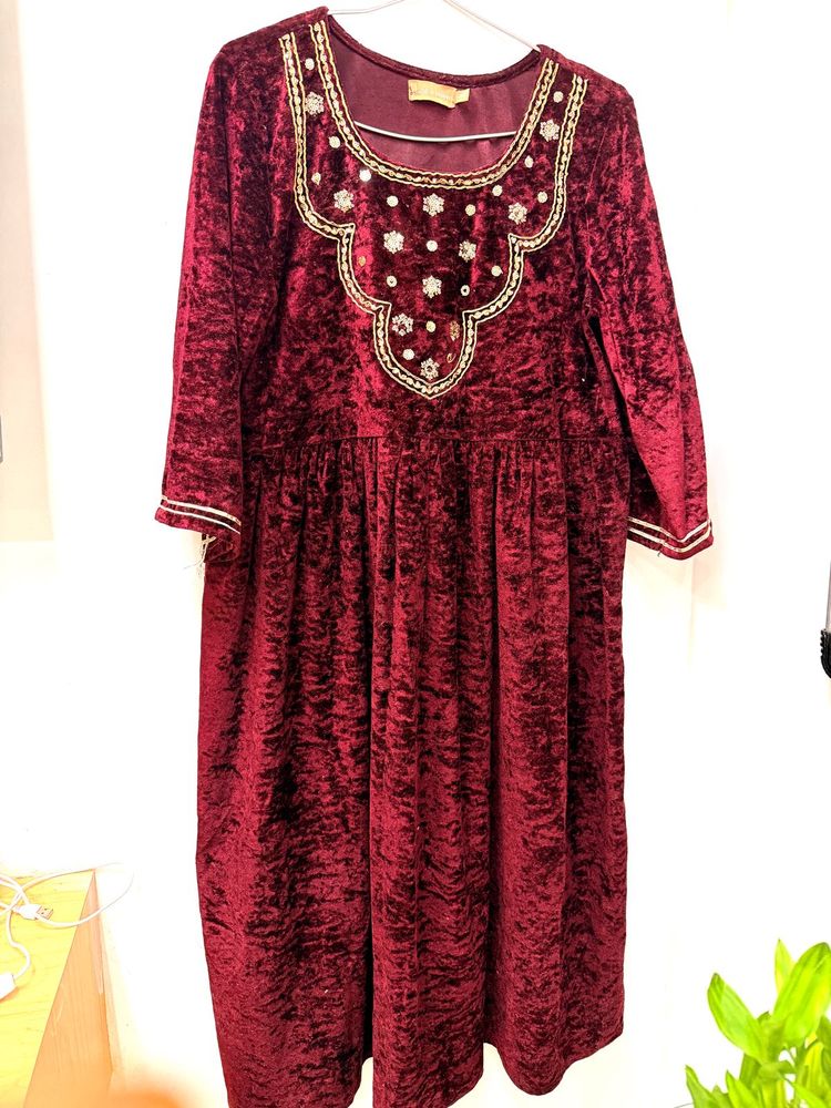 Elegant Red Velvet Embroidered Anarkali suit
