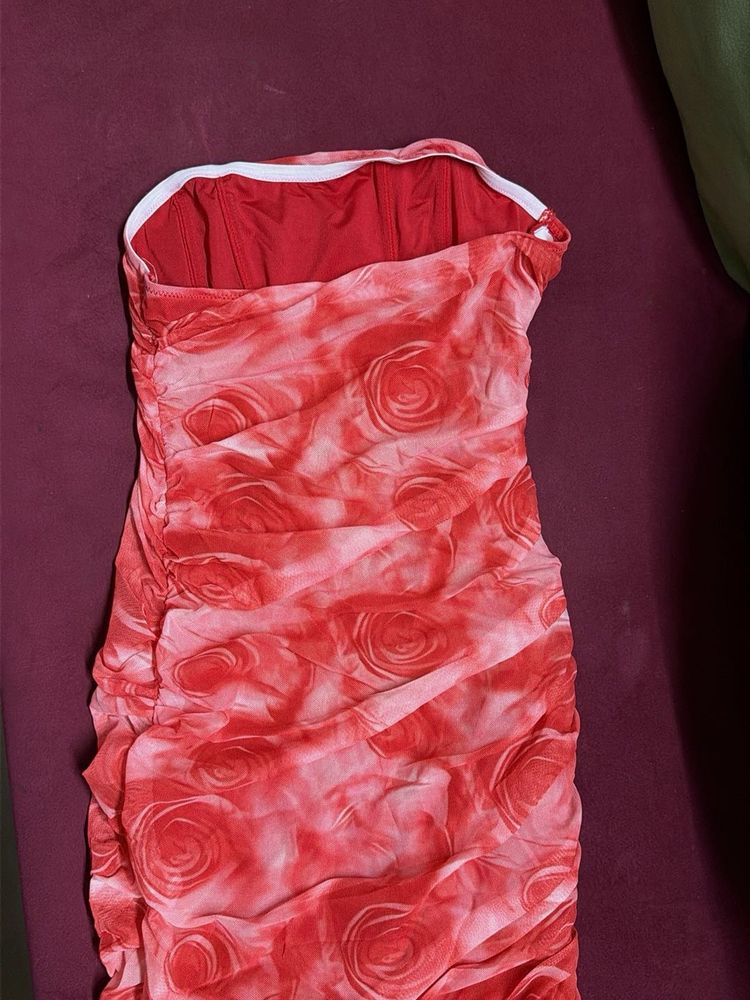 Strapless Rose Print Ruched Dress