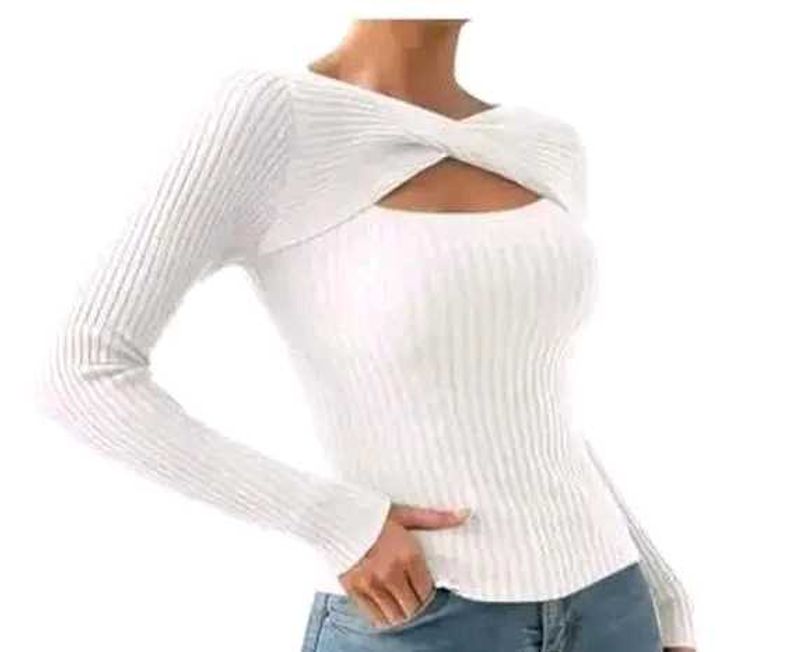 Chic White Ribbed Cut-Out Knit Top