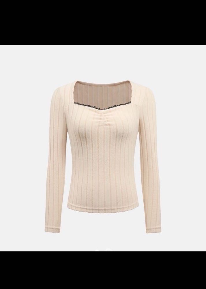 Ribbed Lace Trim Square Neck Top