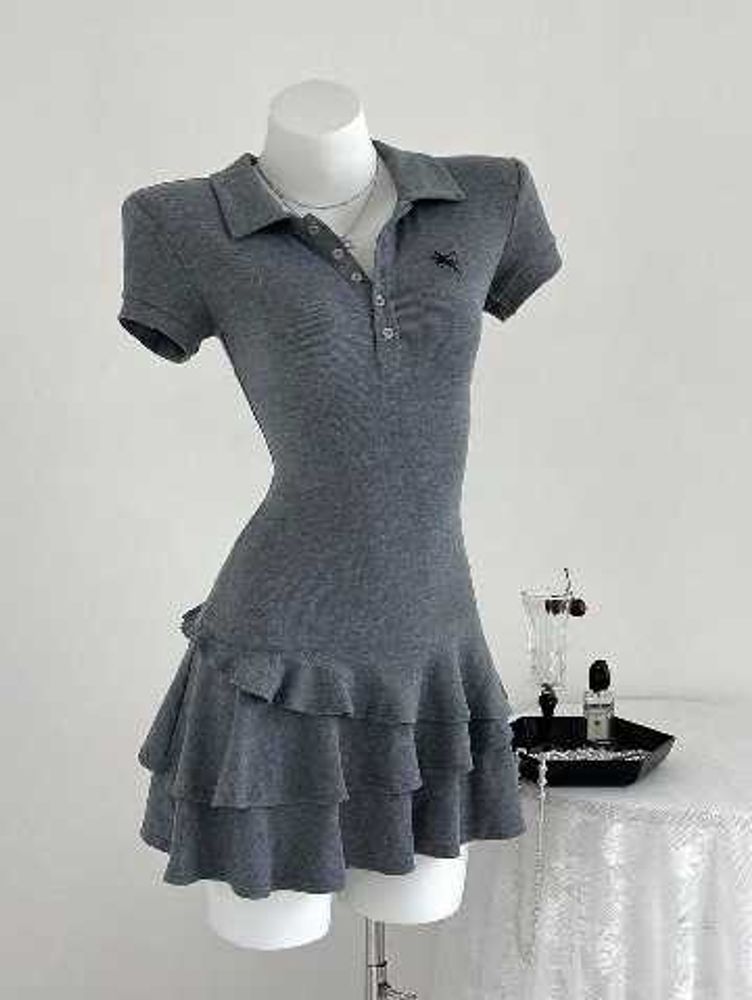 Chic Grey Polo Dress with Ruffle Skirt