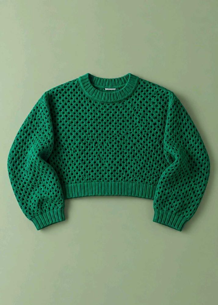 EMERALD GREEN OPEN KNIT CROPPED SWEATER