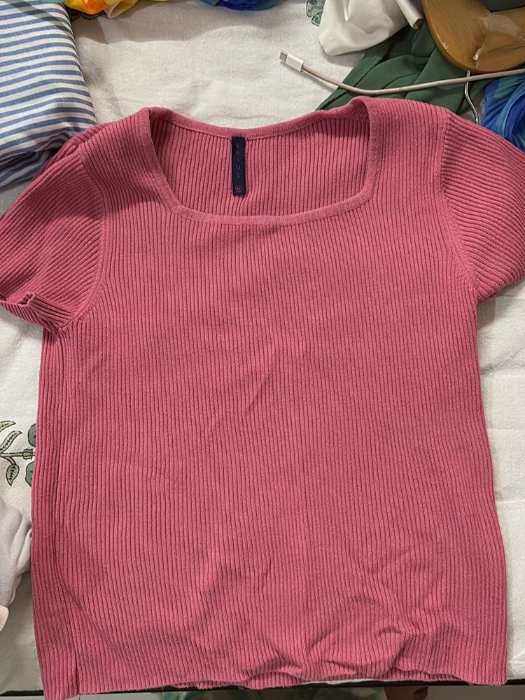 Pink Ribbed Square Neck Top