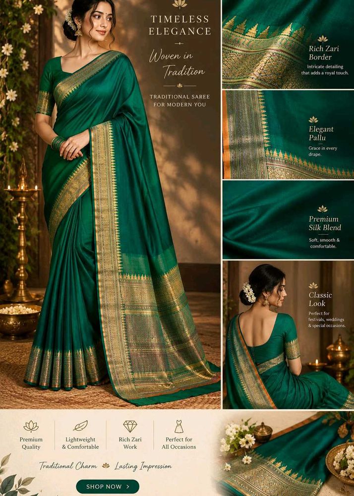 Elegant Teal Saree with Golden Border