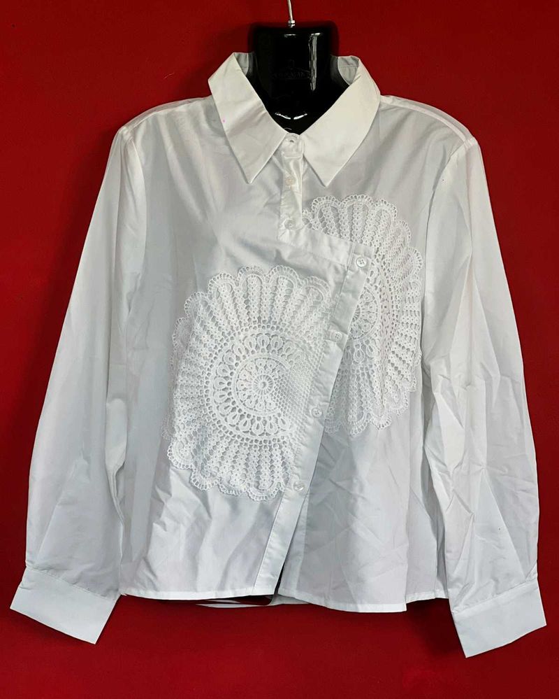 White Lace Detail Button-Up Shirt