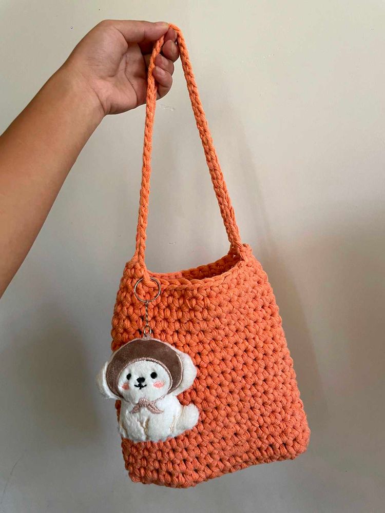 Crocheted Orange Tote Bag with Dog Charm