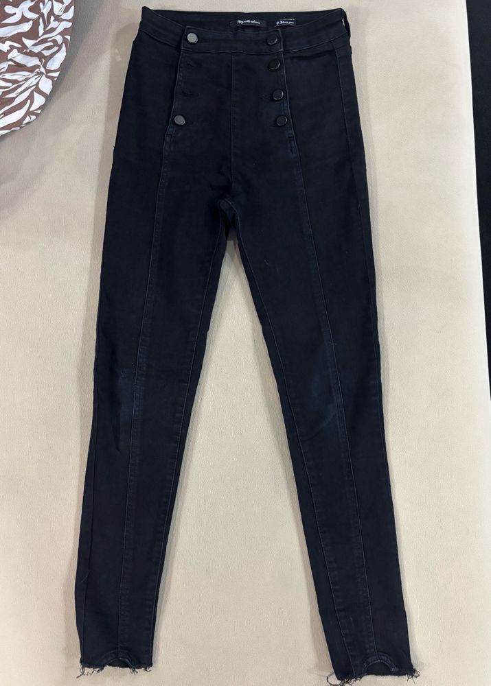 High-Waisted Black Button-Fly Jeans