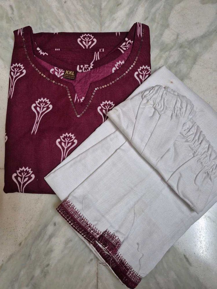Maroon Printed Kurta with White Pants Set