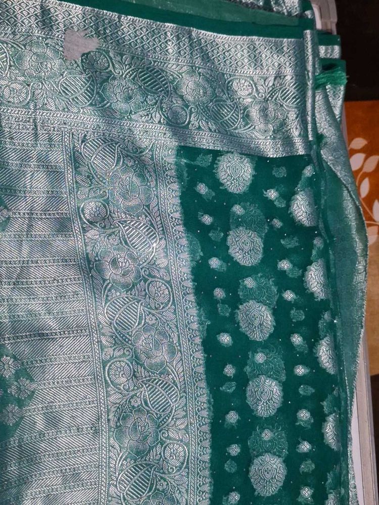 Emerald Green Saree with Silver Border