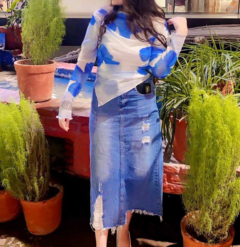 Distressed Denim Midi Skirt and top