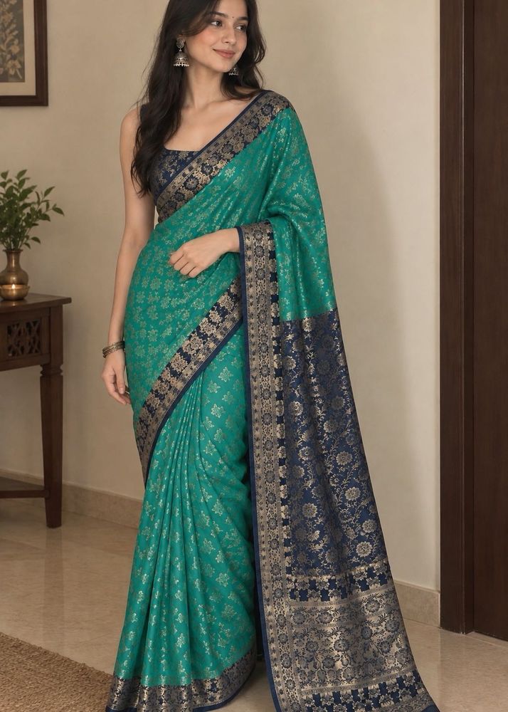 Green Saree with Golden Leaf Print