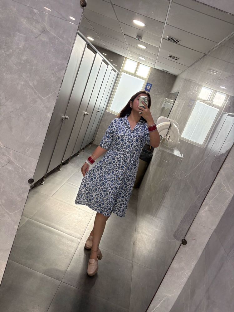 Blue &amp; White Printed Midi Dress