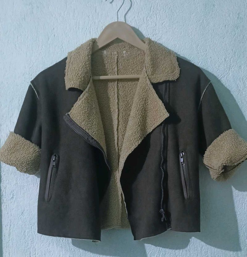 faux suede aviator jacket with sherpa lining