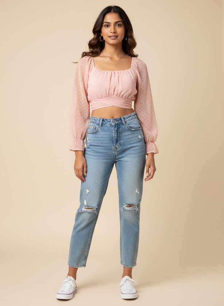 Cute Pink Dotted Long Sleeve Crop Top