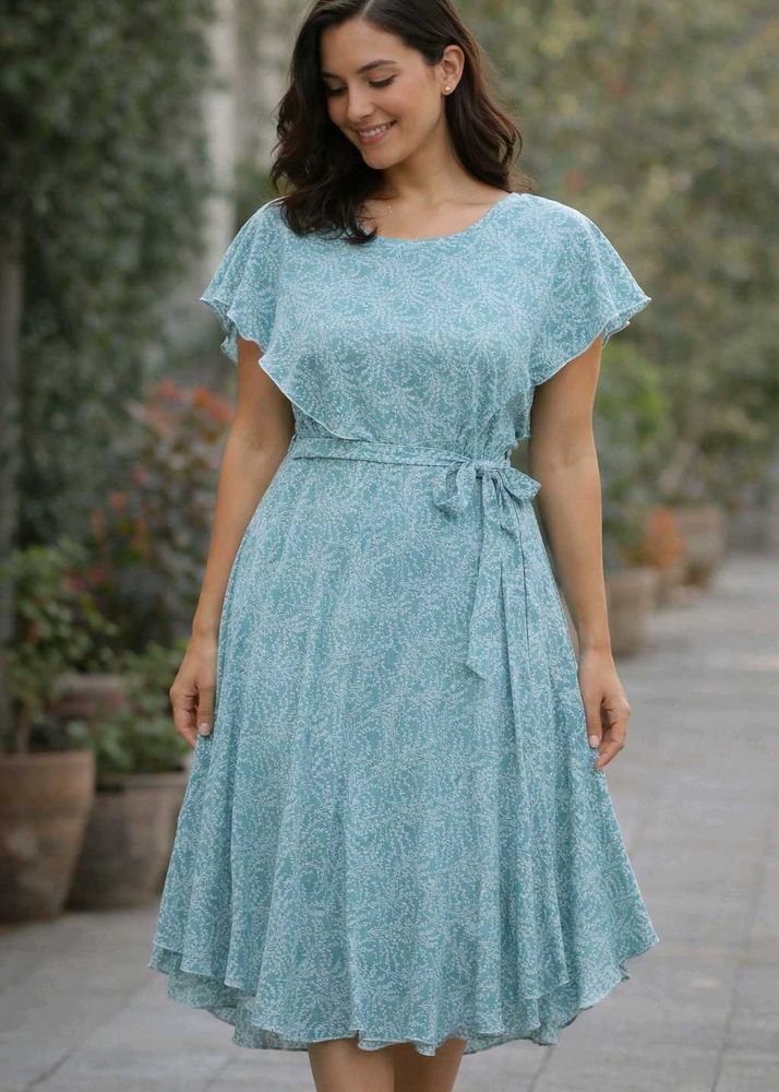 🟥Chic Blue Leaf Print Midi Dress