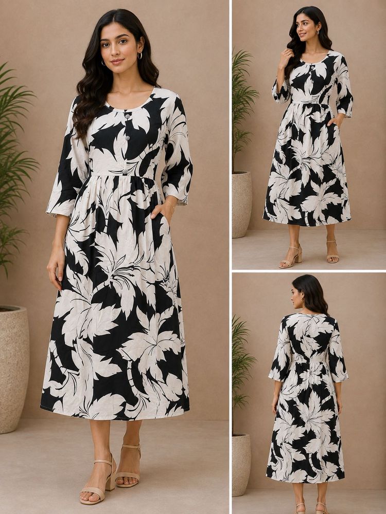 Chic Black &amp; White Floral frock Midi Dress