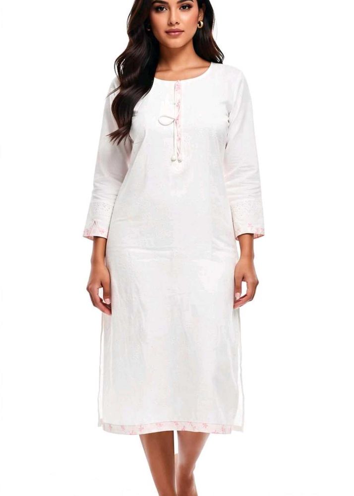 Elegant White Kurti with Subtle Pink Accents