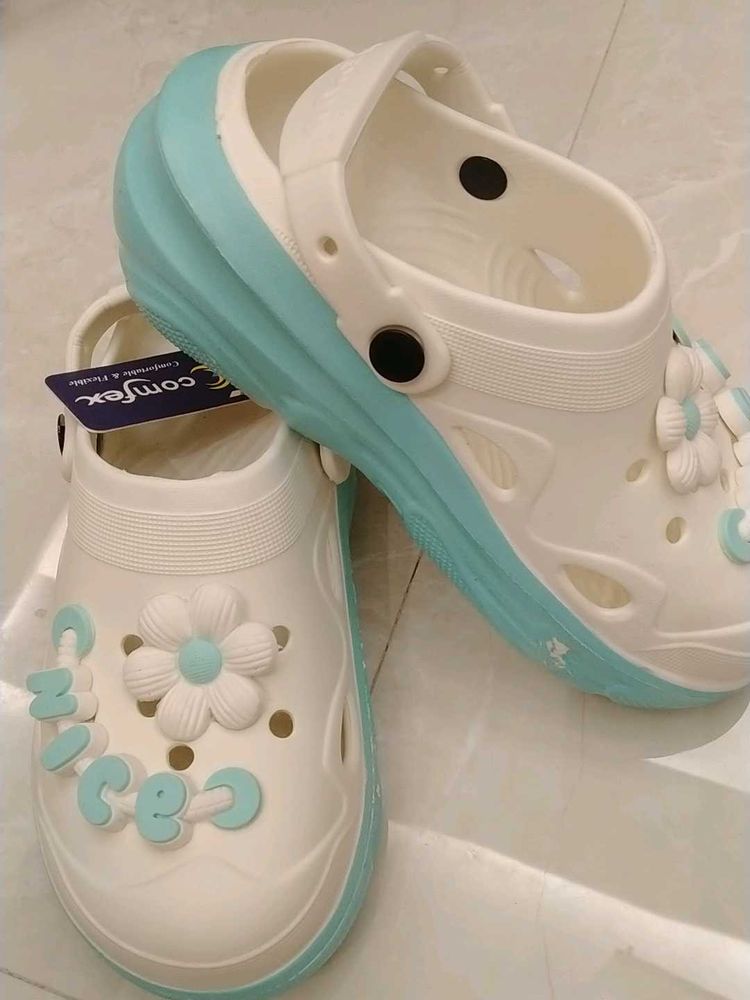 Cute White &amp; Teal Clogs with Flower Charms