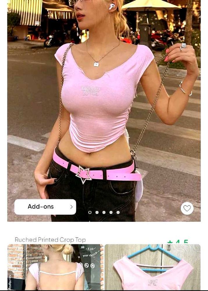 Pink Ruched Crop Top with Rhinestone Detail